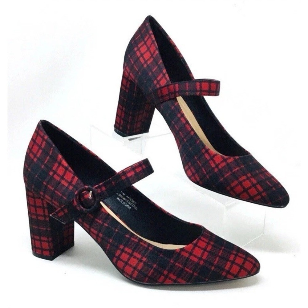 Comfort Womens Red & Black Plaid Fabric‎ 3.5" Heels Pumps Adjustable Strap 11 M